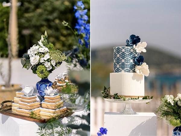 Τουρτα γαμου σε λευκο και μπλε χρωμα