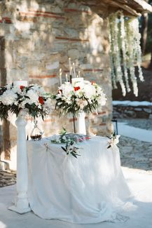 Στολισμός λαμπάδας με λευκές ορτανσίες και κόκκινες πινελιές