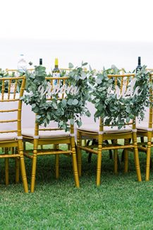 Πανέμορφος στολισμός  καθισμάτων για νεονύμφους με πρασινάδα