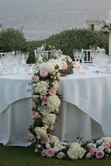 Ρομαντικός στολισμός τραπεζιού δεξίωσης με λευκές ορτανσίες και ροζ τριαντάφυλλα