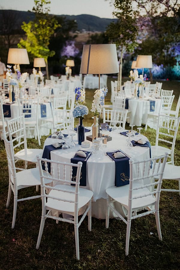 Μοντέρνος στολισμός τραπεζιού δεξίωσης με γαλάζιες ορτανσίες Μοντέρνος στολισμός τραπεζιού δεξίωσης με γαλάζιες ορτανσίες