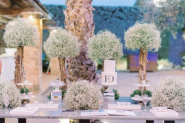 Εντυπωσιακός στολισμός dessert table γάμου με δέντρα από γυψοφίλη