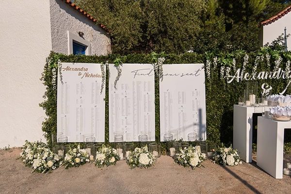 Τρίπτυχο πλάνο καλεσμένων γάμου με φόντο τοίχο από πρασινάδα