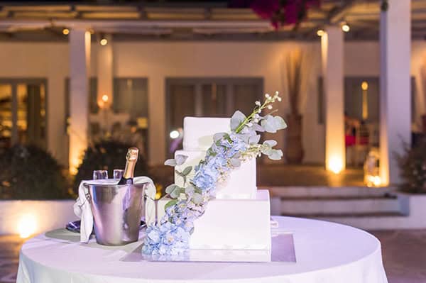 Τετράγωνη τούρτα γάμου διακοσμημένη με δελφίνιουμ