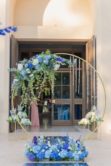 Υπέροχος στολισμός αψίδας γάμου με γαλάζιες και μπλε ορτανσίες