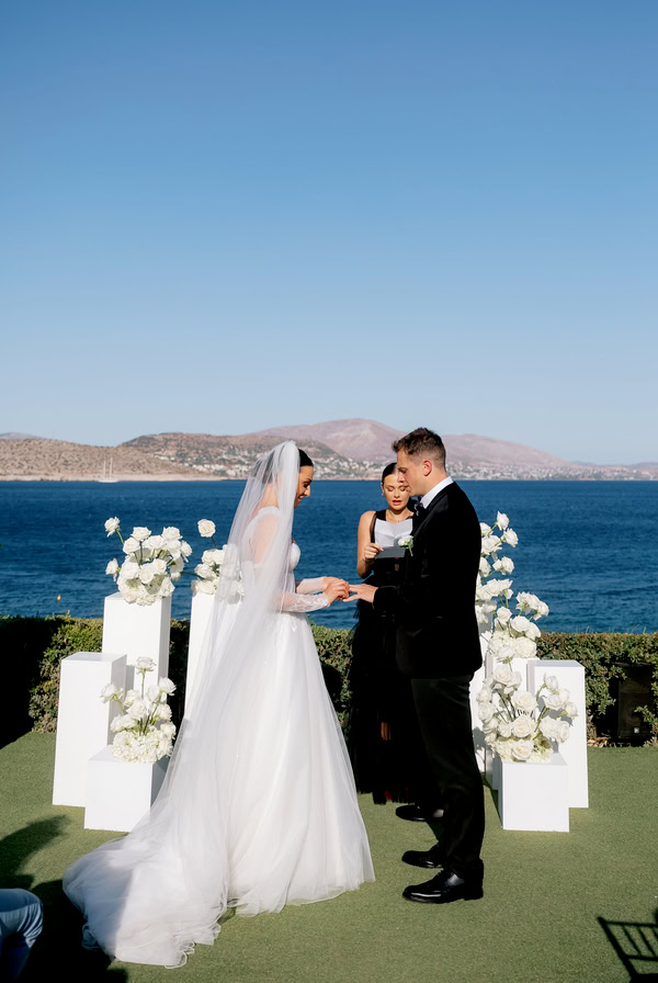 Modern Destination Wedding White Roses Black Details Flowers