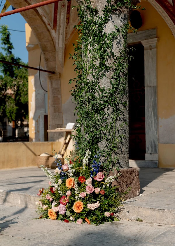 Romantic Summer Wedding Aegina Colorful Floral Arrangements