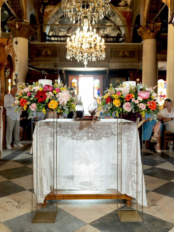 Romantic Summer Wedding Aegina Colorful Floral Arrangements