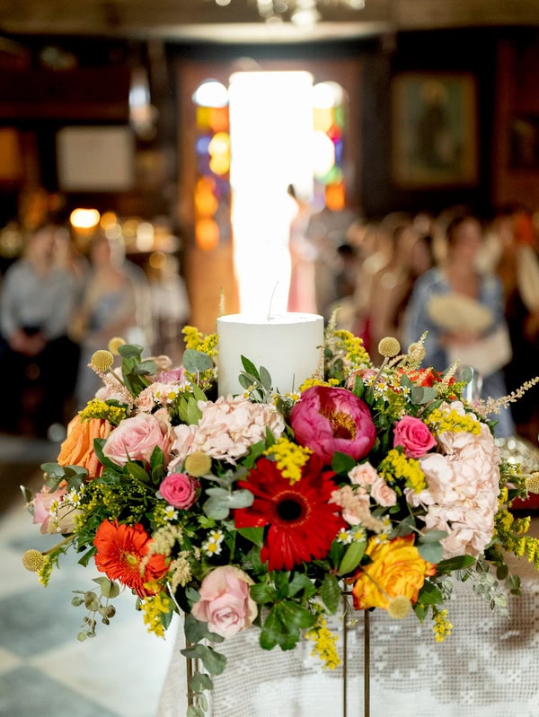 Romantic Summer Wedding Aegina Colorful Floral Arrangements