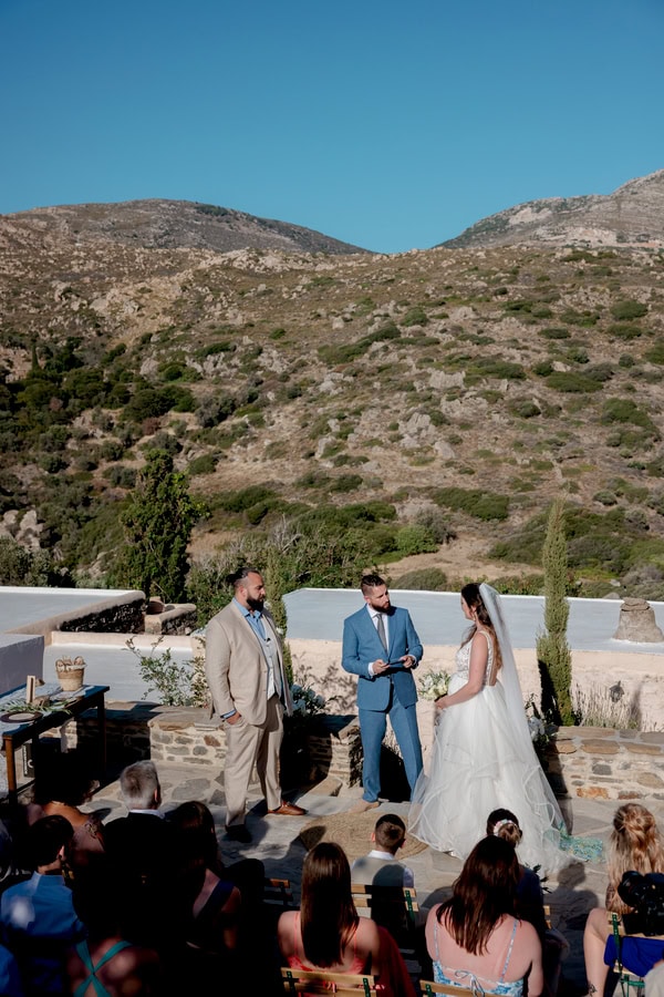 Summer Wedding In Naxos With White Flowers And Olive Leaves