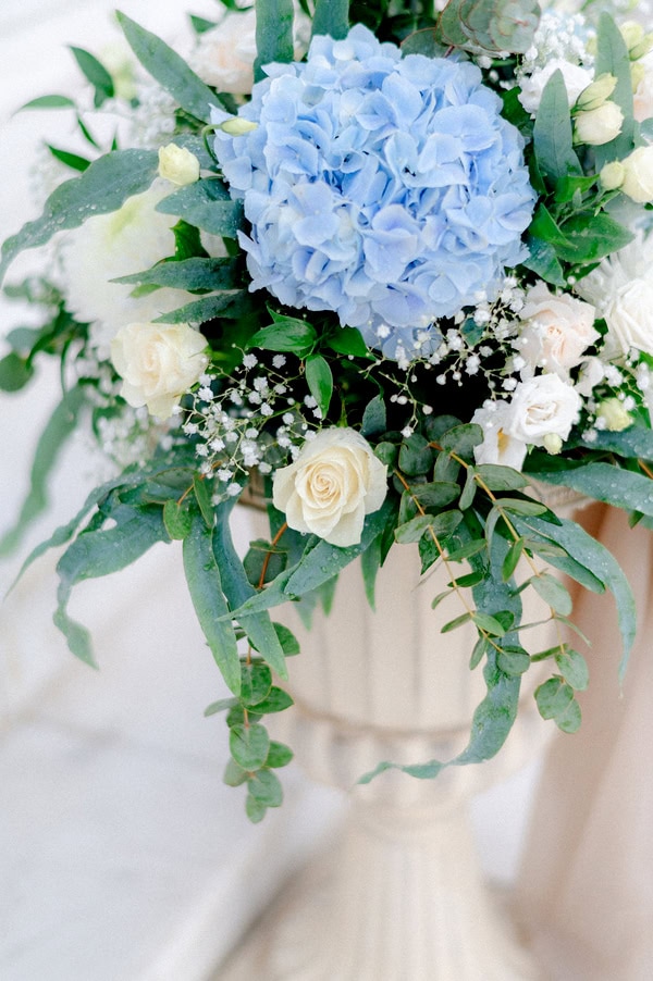 Spring Wedding With White And Blue Floral Decor In Agrinio
