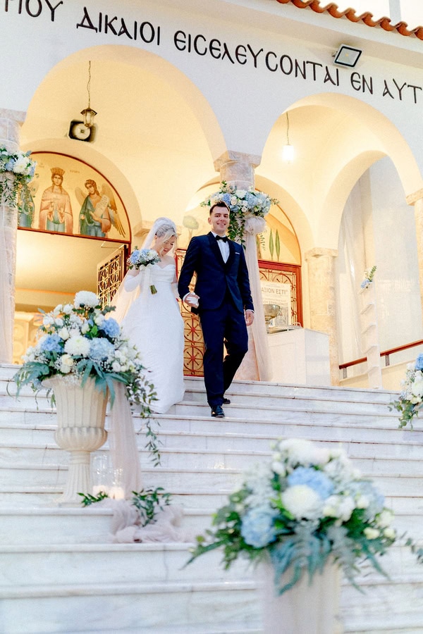 Spring Wedding With White And Blue Floral Decor In Agrinio