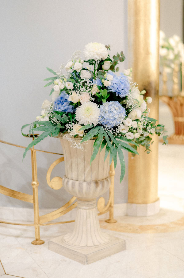 Spring Wedding With White And Blue Floral Decor In Agrinio