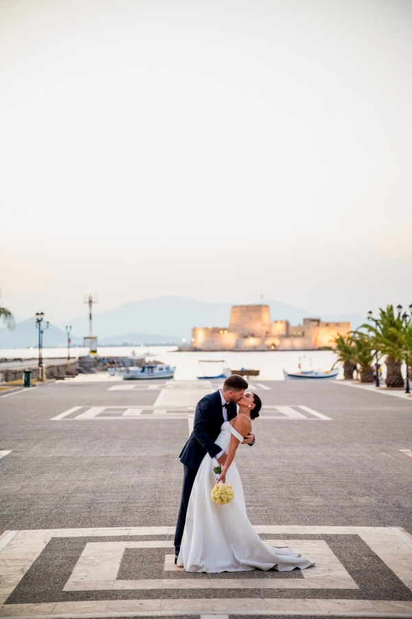 Summer Wedding With White Floral Arrangements In Nafplio