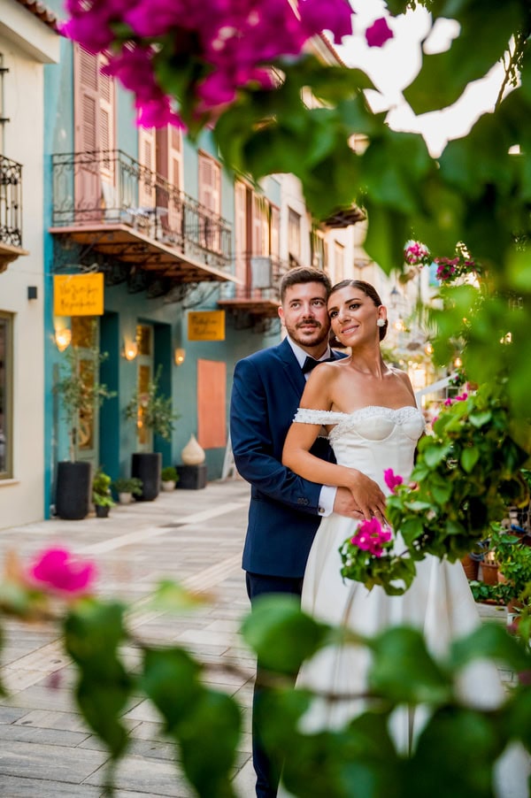 Summer Wedding With White Floral Arrangements In Nafplio