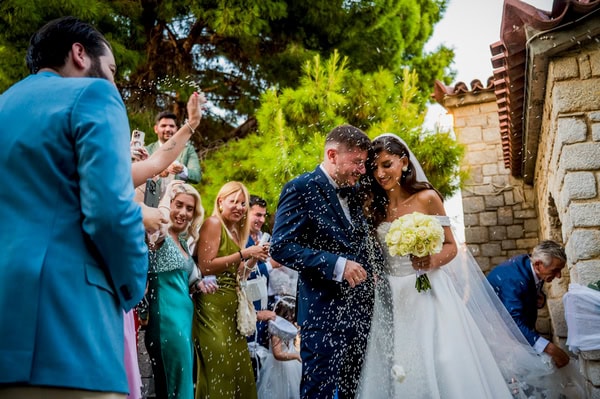 Summer Wedding With White Floral Arrangements In Nafplio