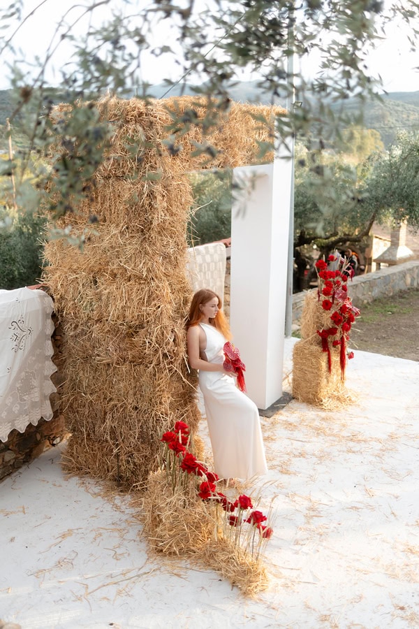 Dramatic Styled Shoot Deep Red Roses Wheat
