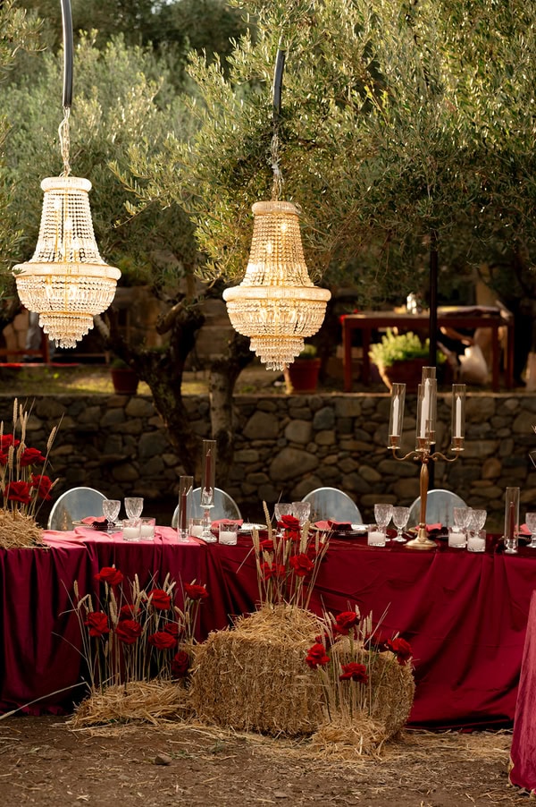Dramatic Styled Shoot Deep Red Roses Wheat