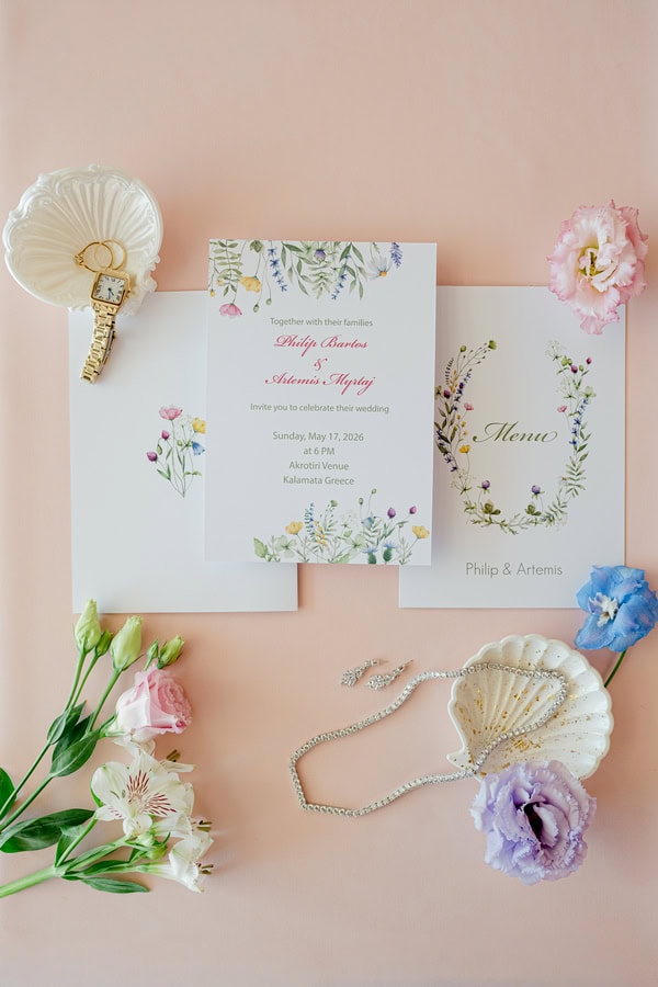 Romantic Spring Wedding Kalamata Pastel Flowers Sea View