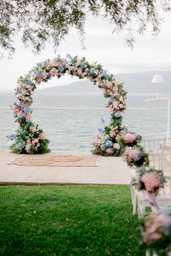 Romantic Spring Wedding Kalamata Pastel Flowers Sea View