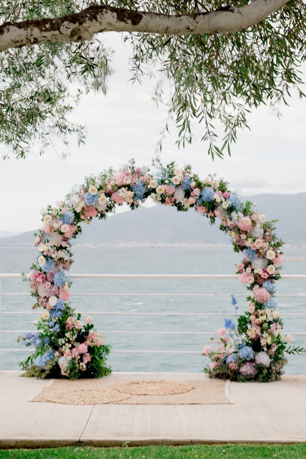 Romantic Spring Wedding Kalamata Pastel Flowers Sea View