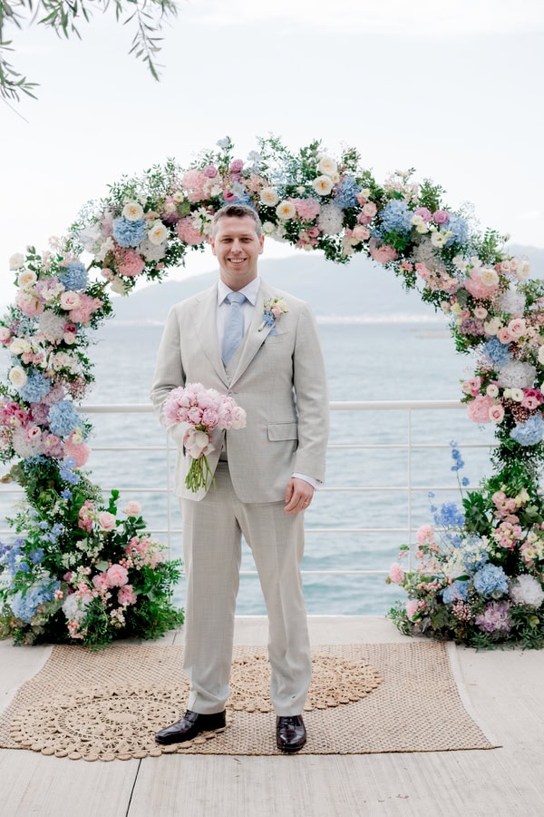 Romantic Spring Wedding Kalamata Pastel Flowers Sea View