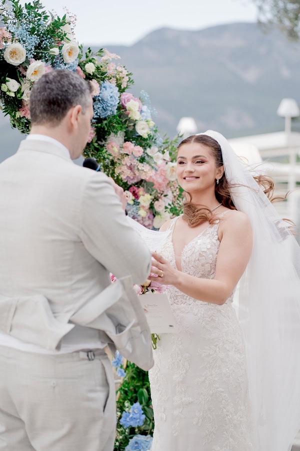 Romantic Spring Wedding Kalamata Pastel Flowers Sea View