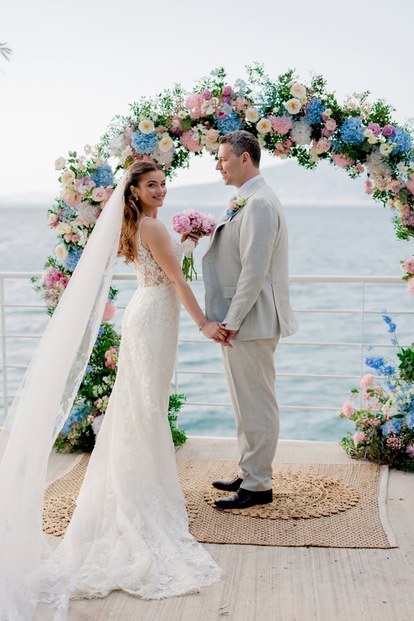 Romantic Spring Wedding Kalamata Pastel Flowers Sea View