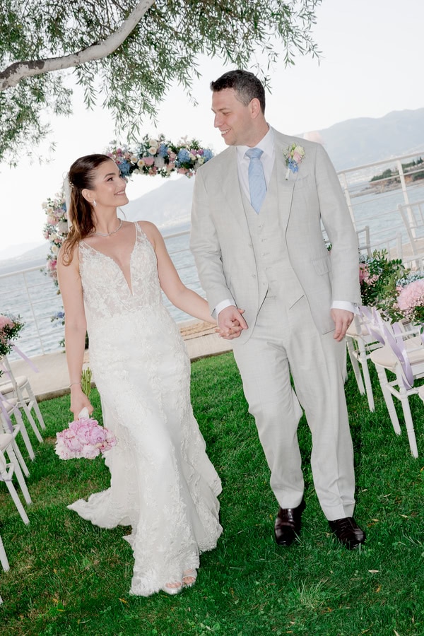 Romantic Spring Wedding Kalamata Pastel Flowers Sea View