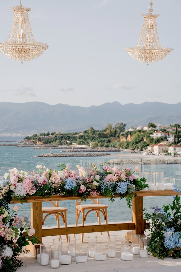Romantic Spring Wedding Kalamata Pastel Flowers Sea View