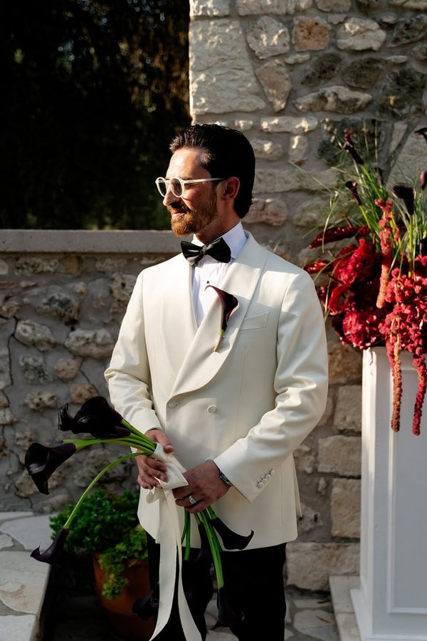 Romantic Summer Wedding Burgundy Flowers Greece
