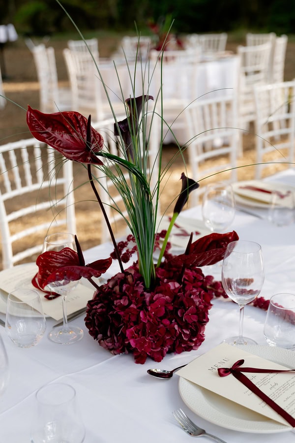 Romantic Summer Wedding Burgundy Flowers Greece