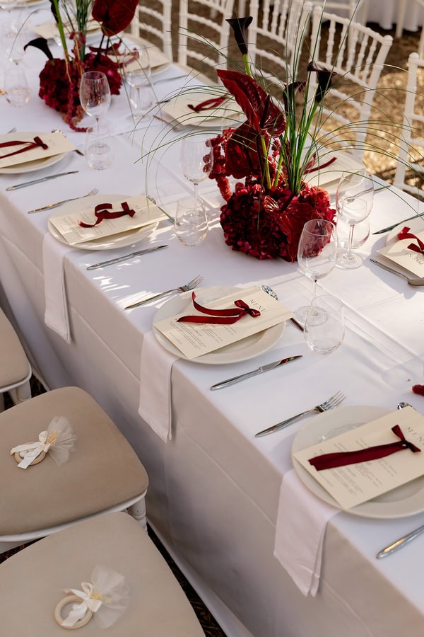 Romantic Summer Wedding Burgundy Flowers Greece